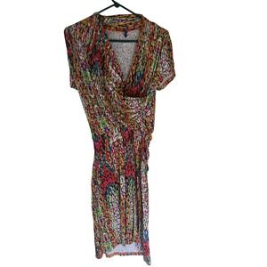Amelia‎ Multi Color Abstract Print Ruched Wrap Dress Short Sleeve V-Neck Medium